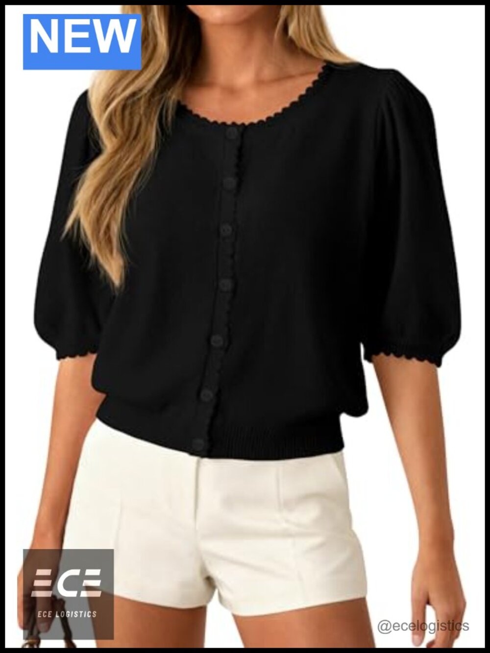 Women Short Sleeve Lightweight Knit Cardigan Button Puff Sleeve Scalloped